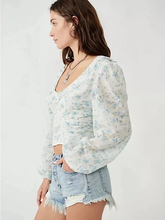 Free People Another Life Floral Scoop-Neck Puff Sleeve Crop Top NWT - Picture 4 of 10